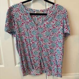 LOFT Pink and Blue Floral V-Neck Short Sleeve Button Front Blouse